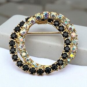 Vintage Gold Circle Brooch with Black & Aurora Borealis Rhinestones